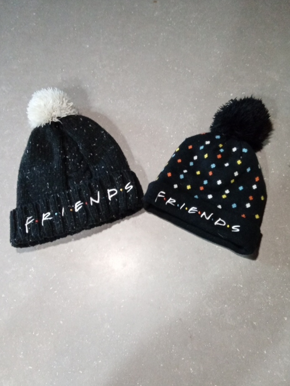 2 Kids.small.FRIENDS Black Knit Pom Beanies with Multicolor Dots